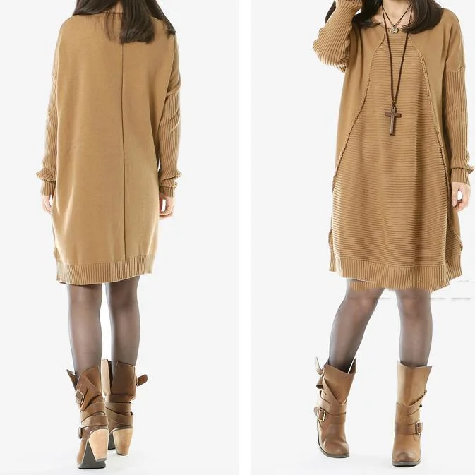 Khaki long women sweaters oversize sweater dress