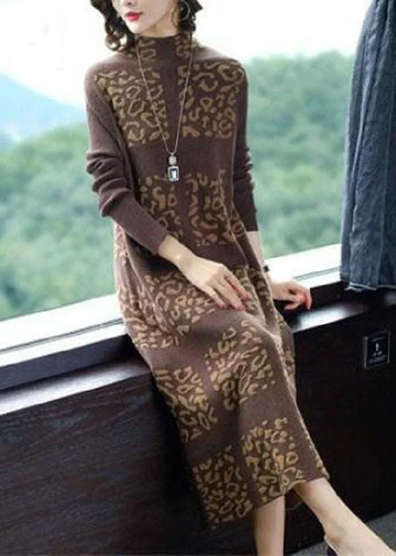 Khaki Print Knit Sweater Dress Stand Collar Winter