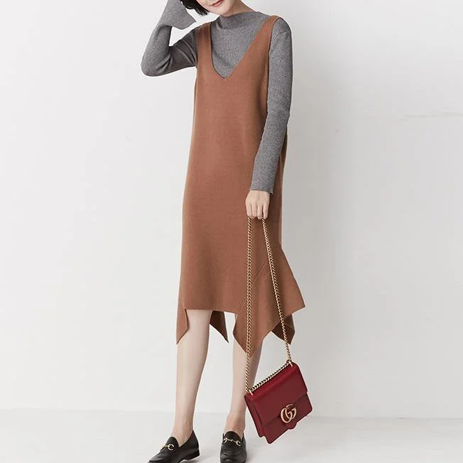 Khaki sleeveless knit dresses little knit strap dress