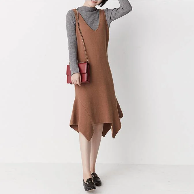 Khaki sleeveless knit dresses little knit strap dress