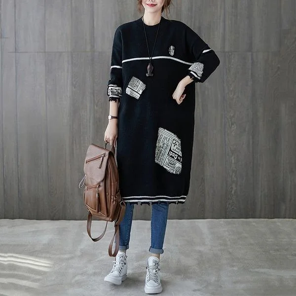 long sleeve plus size knitted vintage for women casual midi autumn winter sweater dress