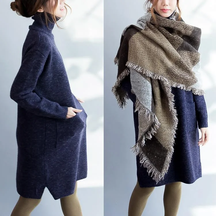 Navy knit sweater dresses oversize long woolen sweaters