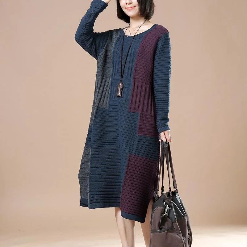 Navy plus size woman sweaters long knit dresses