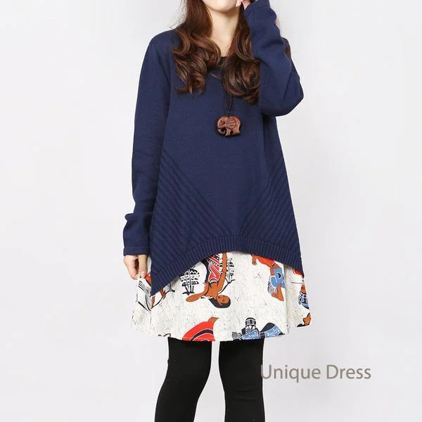 Navy print layered cotton sweater dress