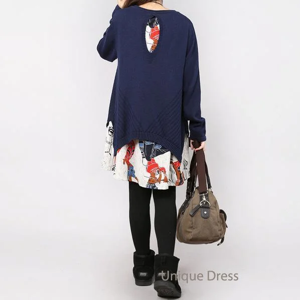 Navy print layered cotton sweater dress