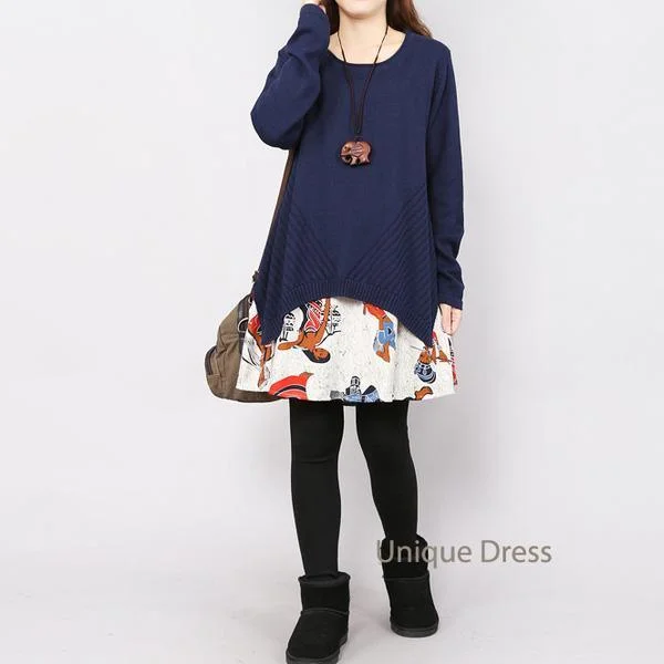 Navy print layered cotton sweater dress