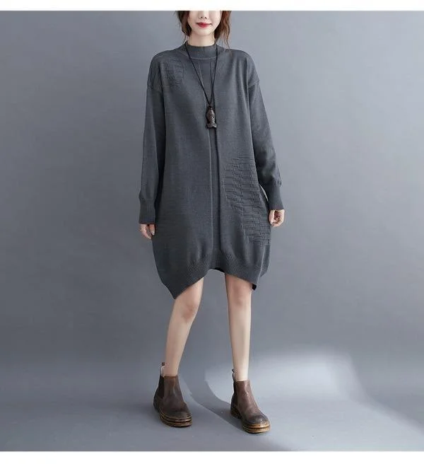 omychic plus size knitted vintage women causal loose midi autumn winter sweater dress