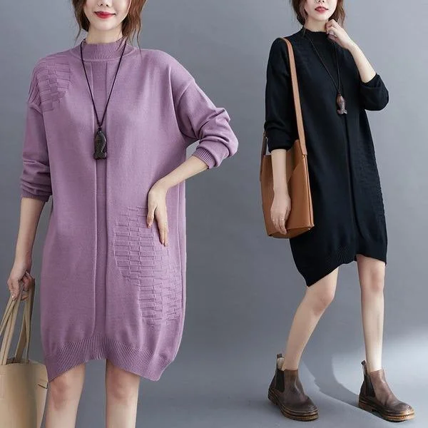 omychic plus size knitted vintage women causal loose midi autumn winter sweater dress