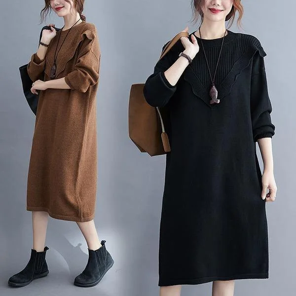 omychic plus size knitted vintage women causal loose midi autumn winter sweater dress