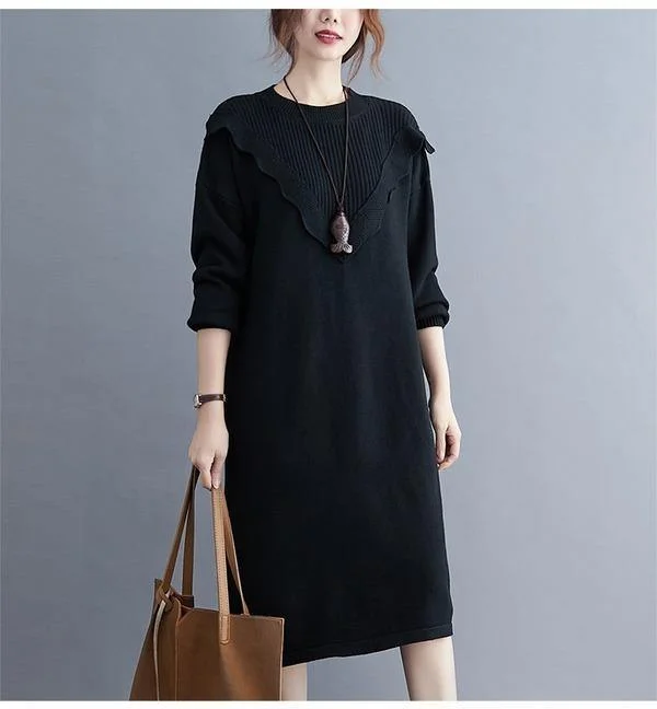 omychic plus size knitted vintage women causal loose midi autumn winter sweater dress