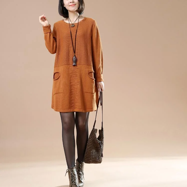 Orange split pockets sweaters plus size knit dresses