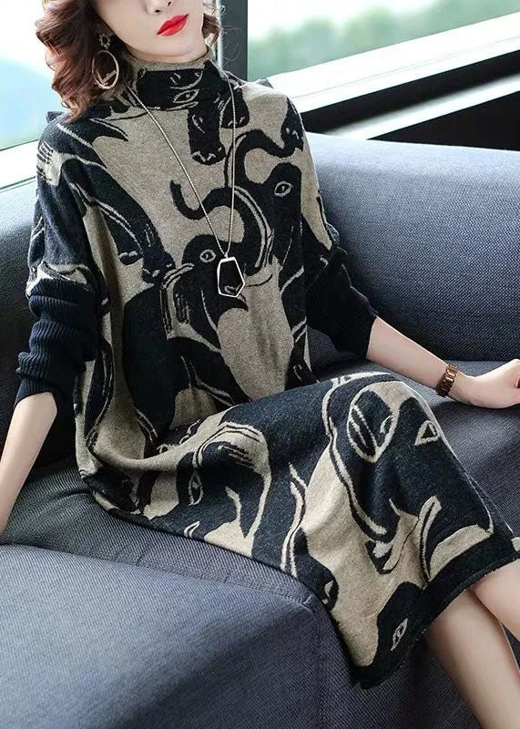 Organic Black Turtle Neck Oversized Print Long Knit Dress Winter