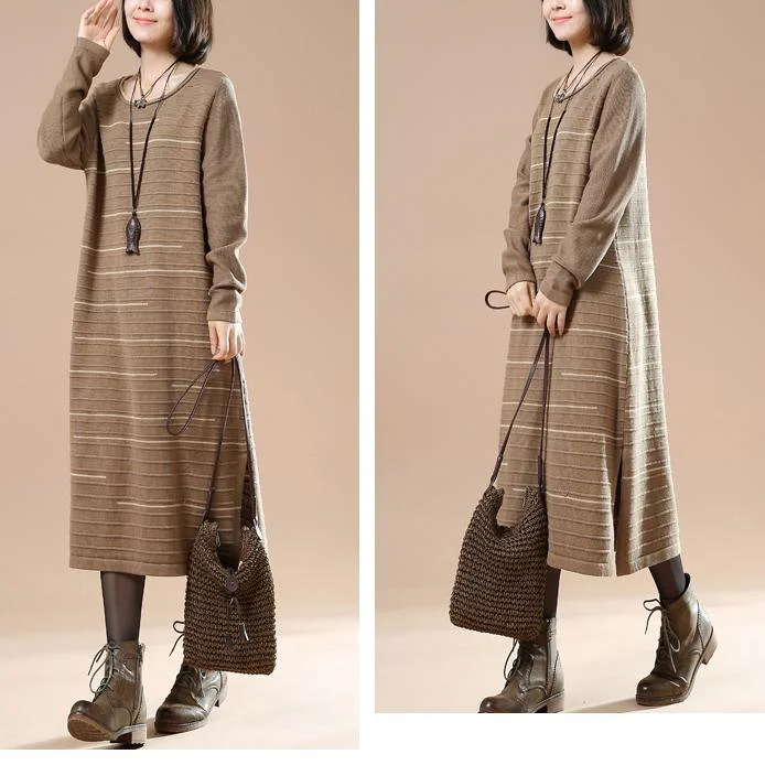 Original Khaki long knit dresses winter sweaters people coming and going