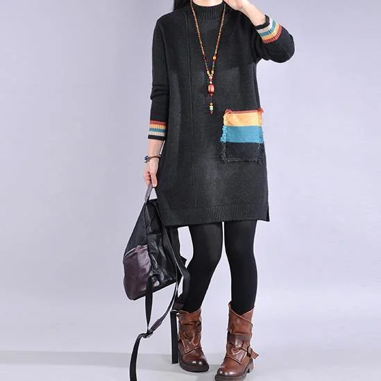 Oversized side open Sweater patchwork pockets dress outfit Upcycle black Largo sweater dress