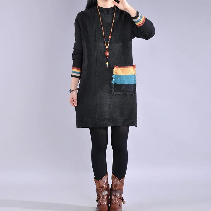 Oversized side open Sweater patchwork pockets dress outfit Upcycle black Largo sweater dress