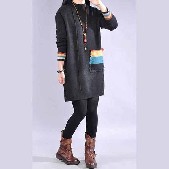 Oversized side open Sweater patchwork pockets dress outfit Upcycle black Largo sweater dress