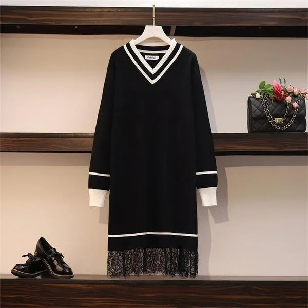 Patchwork Lace Sweater Dresses Women's Long Sleeve V Neck Mini Straight Ladies High Street  Knitting Dresses