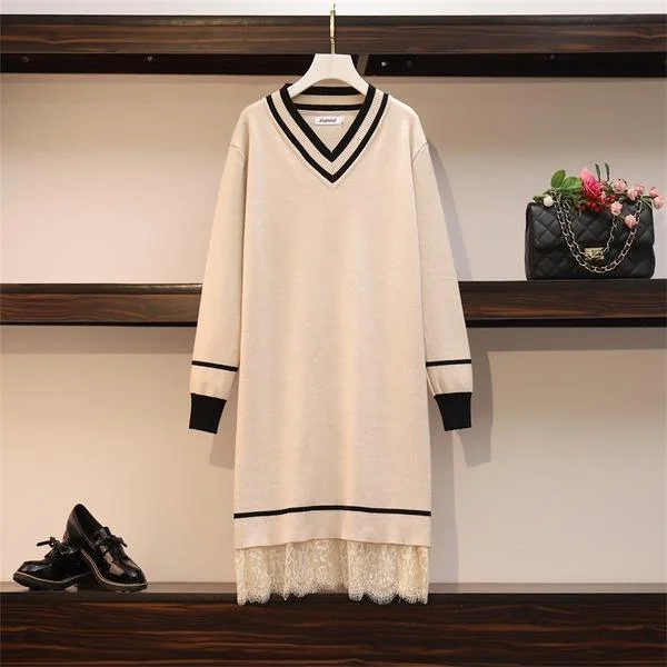 Patchwork Lace Sweater Dresses Women's Long Sleeve V Neck Mini Straight Ladies High Street  Knitting Dresses