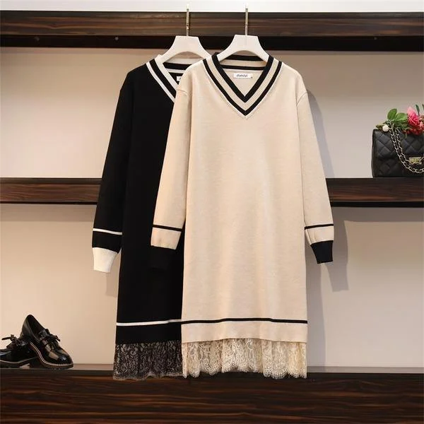 Patchwork Lace Sweater Dresses Women's Long Sleeve V Neck Mini Straight Ladies High Street  Knitting Dresses