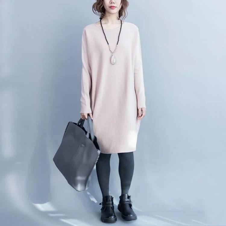 Pink Loose Cotton Knit Dresses Long Sleeve Sweater Dress Woolen Knitwear