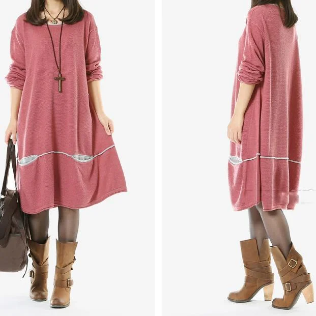 Pink plus size sweater dresses with pockets