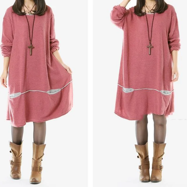 Pink plus size sweater dresses with pockets