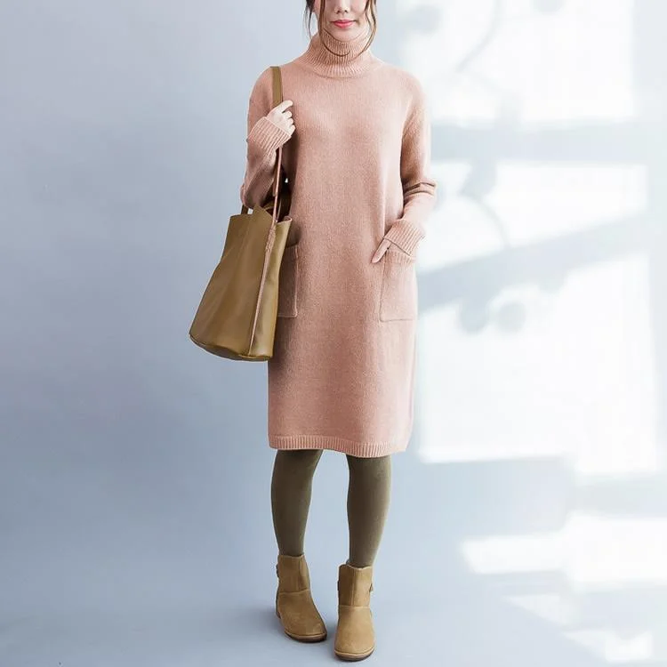 Pink sweater dress turtle neck long sweaters woolen pullover knit dresses