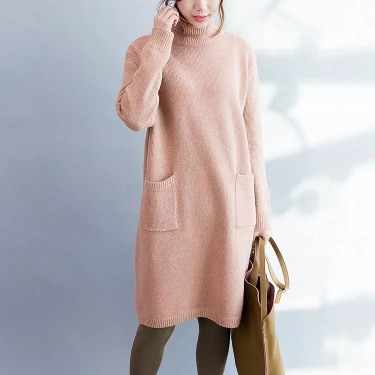 Pink sweater dress turtle neck long sweaters woolen pullover knit dresses