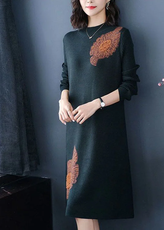 Plus Size Blackish Green Stand Collar Jacquard Long Knit Dress Winter