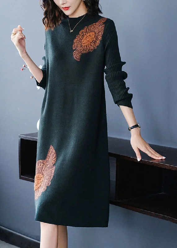 Plus Size Blackish Green Stand Collar Jacquard Long Knit Dress Winter