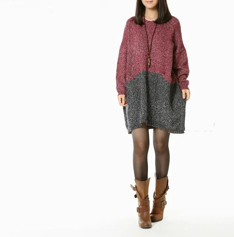 Red Gray sweater dresses knit tops oversize