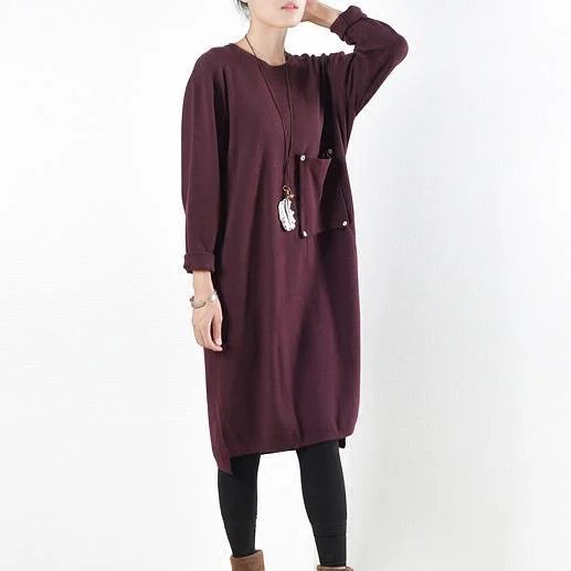 Spring burgundy knit sweaters oversize knit dresses casual pockets