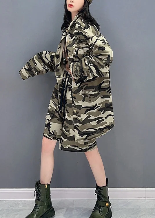 Casual Camouflage Peter Pan Collar Zippered Print Coats And Shorts Two Pieces Set Spring