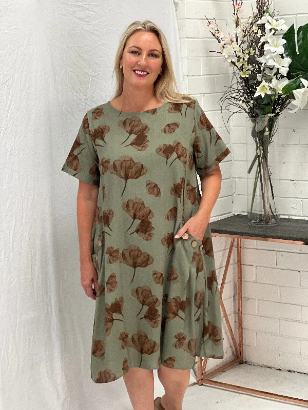 Joy Khaki Petal Linen Dress