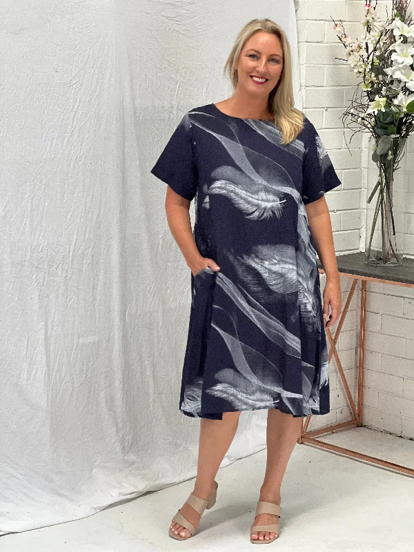 Joy Navy Feather Linen Dress