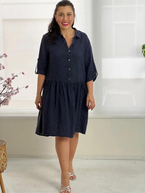 Norah Navy Linen Shirt Dress