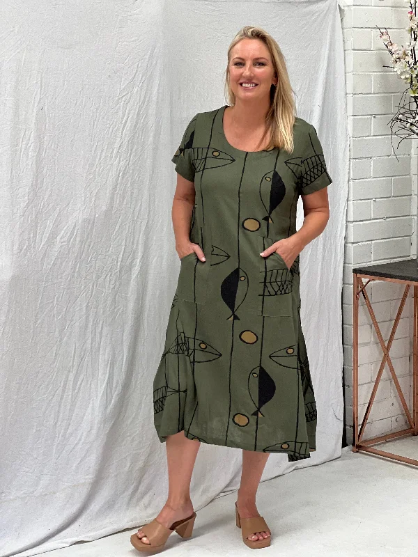 Wynn Abstract Khaki Abstract Linen Dress