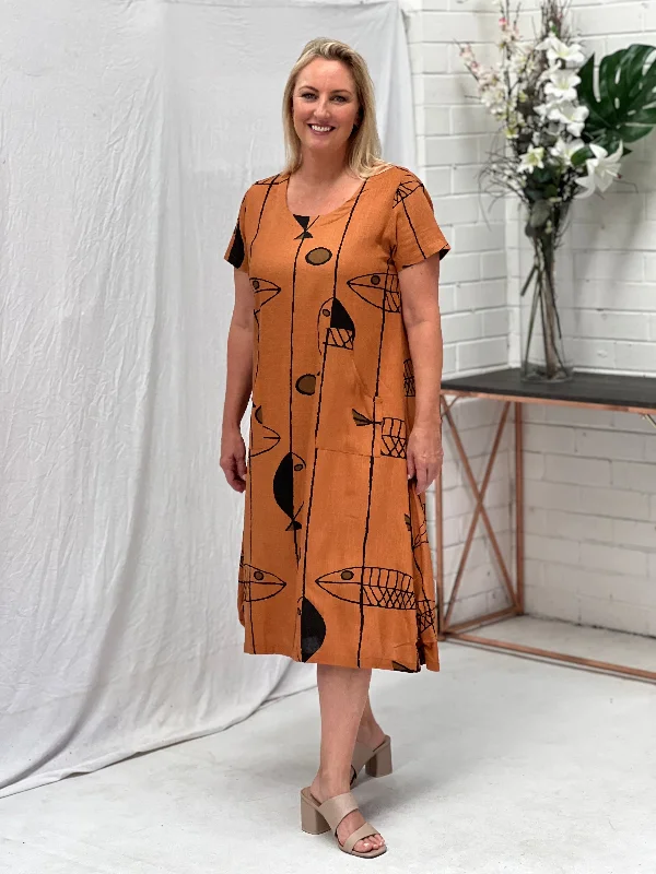 Wynn Abstract Rust Linen Dress