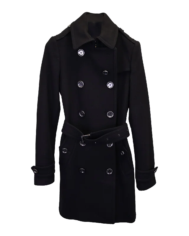 Burberry Brit Belted Double-Breasted Trench Coat in Black Wool