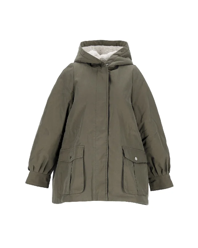 Maje Fleece-Lined Hooded Jacket in Khaki Green Polyester