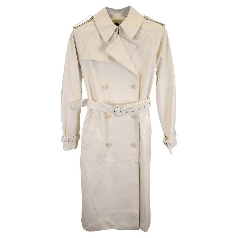 Nili Lotan Double-Breast Belted Trench Coat in Cream White Leather