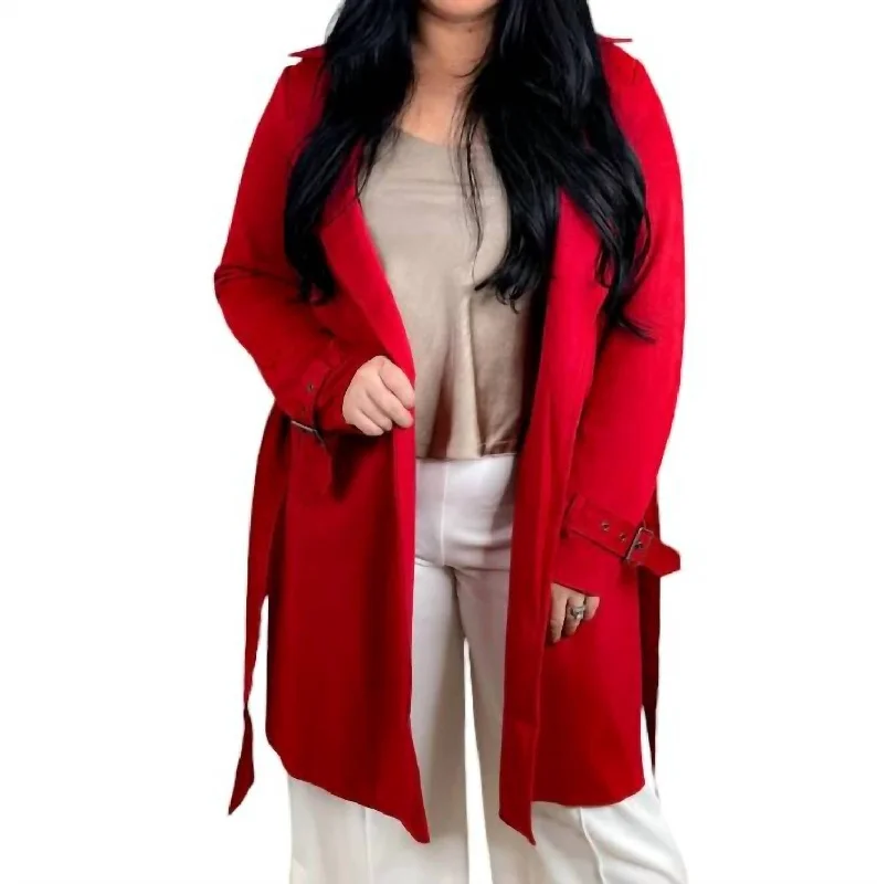 Vegan Suede Trench Coat In Red